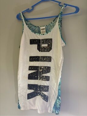 PINK Victoria's Secret White Tank with Black Sequin Logo and Teal Trim